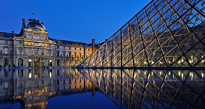 夜景,亭子,玻璃,金字塔,入口,正面,卢浮宫,宫殿,博物馆,巴黎,法国,欧洲
