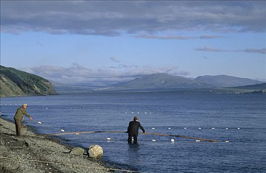 男人,捕鱼,湖,网,西伯利亚