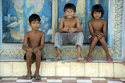 孩子,坐,壁画,寺院,柬埔寨