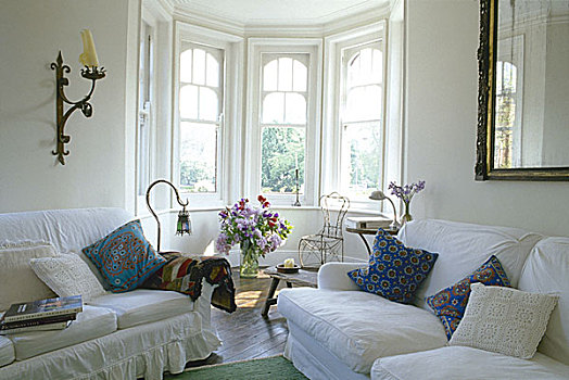 传统,起居室,过满,沙发,晴朗,凸窗