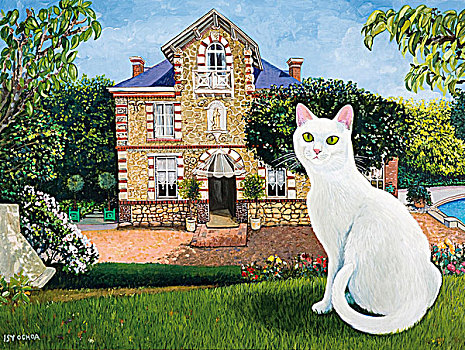 白色,猫,坐,正面,房子,家庭花园