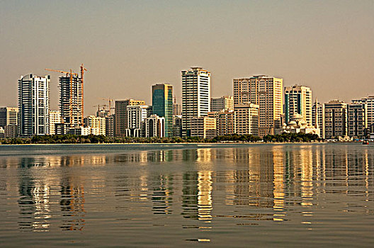早晨,景色,湖,摩天大楼,滨海路,沙迦,阿联酋,中东