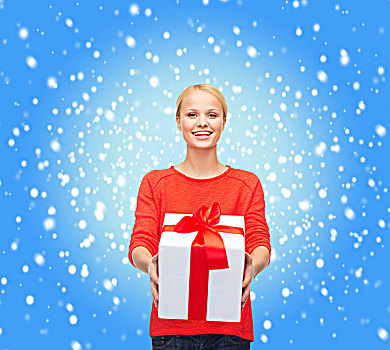 圣诞节,圣诞,白天,庆贺,概念,微笑,女人,红色,毛衣,礼盒