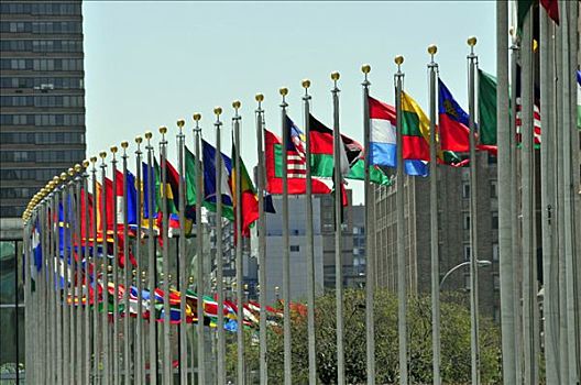多样,旗帜,正面,联合国,总部,曼哈顿,纽约,美国
