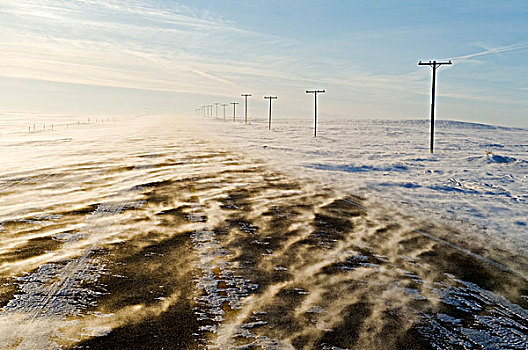 道路,遮盖,吹,雪,靠近,萨斯喀彻温,加拿大