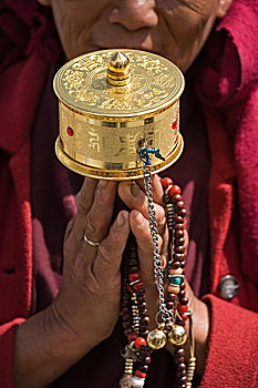 不丹,廷布,女人,拿着,转经轮,念珠,国家,纪念,圣骨冢
