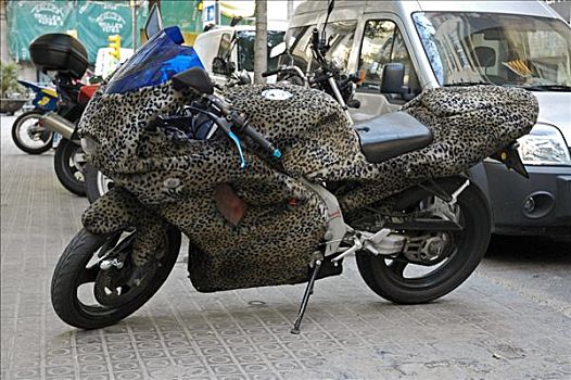 摩托车,遮盖,兽纹图案,街景,巴塞罗那,加泰罗尼亚,西班牙