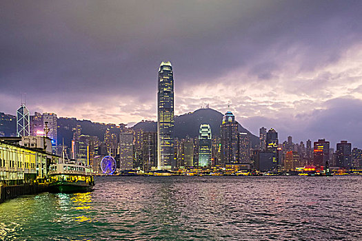 香港,天际线,星,渡轮,码头,黄昏,尖沙嘴,九龙,中国,亚洲