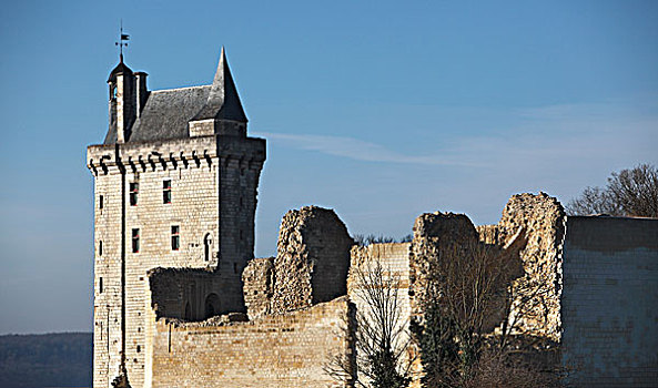 法国,卢瓦尔河,城堡,希侬,全视图,钟楼,入口,老,墙壁