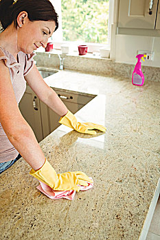 女人,清洁,厨房操作台,布,橡胶手套