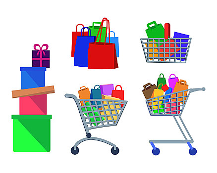 购物,象征,设计,超市,手推车,商品,购物袋,礼盒,矢量,插画,隔绝,白色背景,背景,电子商务,网上购物,风格