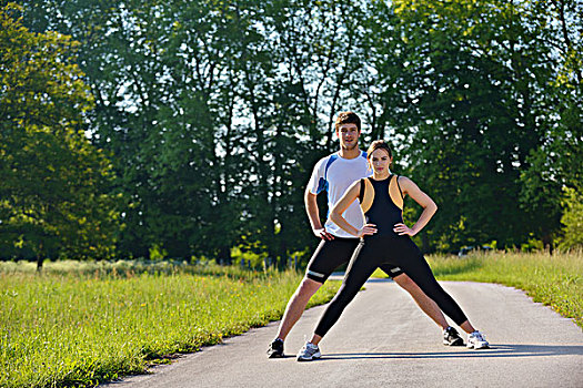 年轻,健康,情侣,伸展训练,放松,热身,慢跑,跑,公园