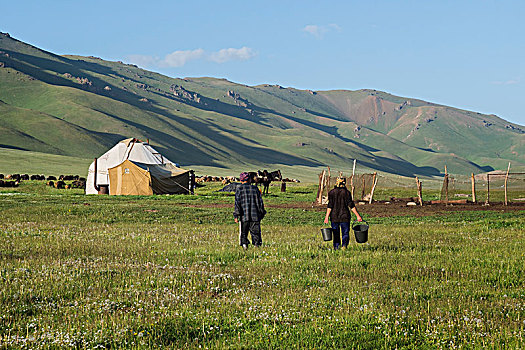 游牧,蒙古包,露营,歌曲,湖,省,吉尔吉斯斯坦,中亚,亚洲