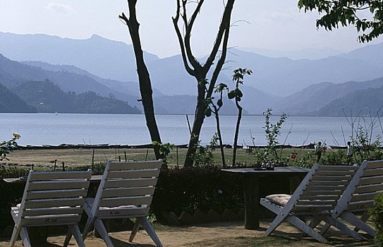 椅子,湖岸,山脉,背景,波卡拉,地区,尼泊尔