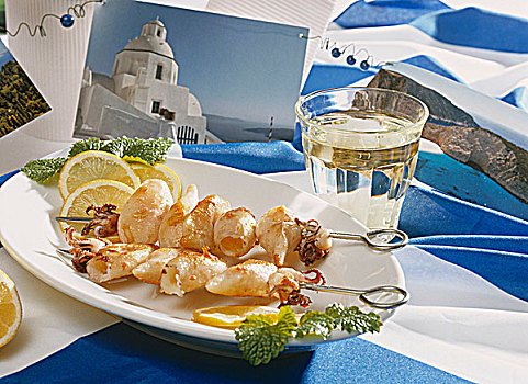 鱿鱼,烤串,白葡萄酒,希腊,桌饰
