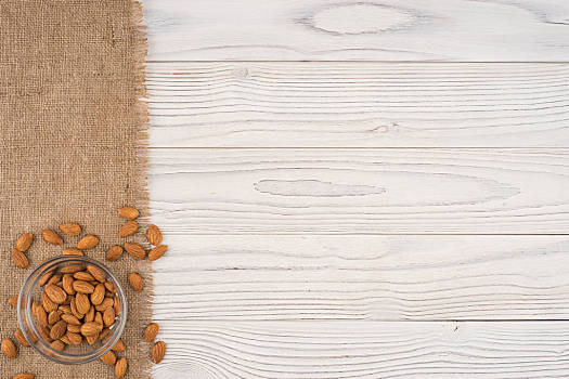 杏仁,玻璃碗,老,白色,木桌子,俯视