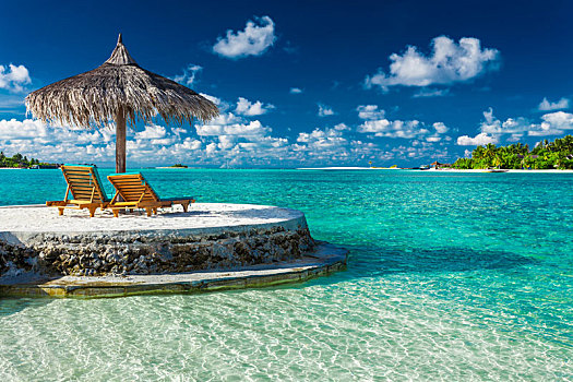 两个,沙滩椅,伞,海景,马尔代夫