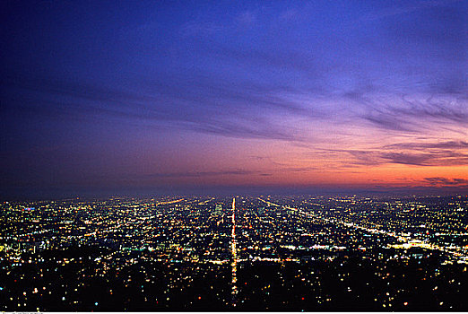 俯视,城市灯光,黄昏,洛杉矶,加利福尼亚,美国