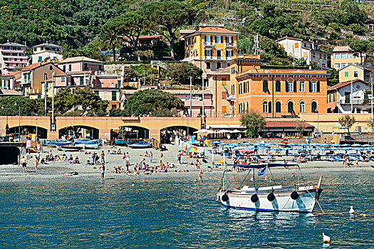 五月,人,享受,海滩,五渔村,意大利,一个,五个,乡村,旅游,魅力,世界遗产