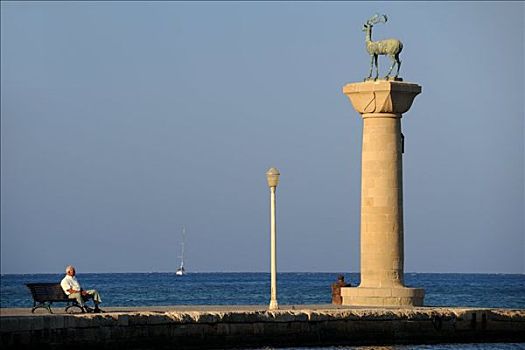 柱子,杜鹿,雕塑,港口,入口,罗得斯,希腊