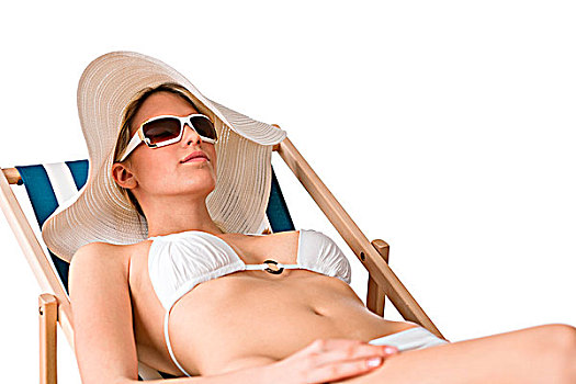 海滩,女人,比基尼,帽子,墨镜,日光浴,躺下,甲板,椅子