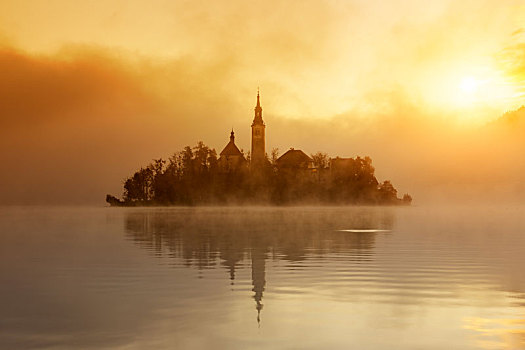 惊奇,日出,布莱德湖,秋天,斯洛文尼亚