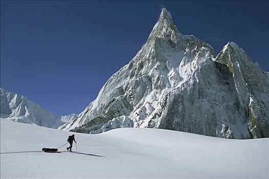 滑雪者,石头,尖顶,喀喇昆仑山,巴基斯坦