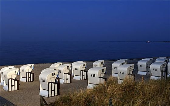 沙滩椅,海滩,波罗的海,晚上,梅克伦堡前波莫瑞州,德国,欧洲