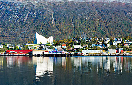 特罗姆瑟,挪威,最大,北方,城镇,水,展示,冰,大教堂,教堂,彩色,家