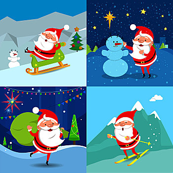 收集,圣诞老人,四个,旗帜,骑,雪撬,站立,靠近,雪人,拿着,绿色,袋,礼物,向下,山,矢量