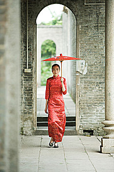 美女,穿,传统,中国人,衣服,走,伞