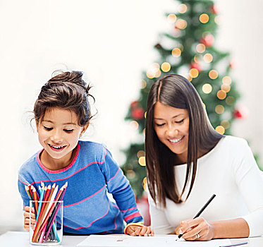 家庭,孩子,圣诞节,圣诞,高兴,人,概念,母女,绘画