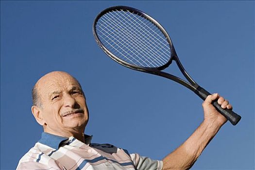 特写,长者,拿着,网球拍