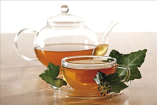 玻璃茶壶,茶杯,碟,茶,装饰,常春藤,叶子