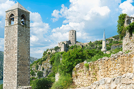 中世纪,城堡,钟楼,清真寺尖塔,波斯尼亚,黑塞哥维那,欧洲