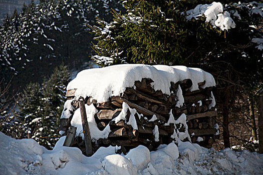 积雪,木堆,冬季风景
