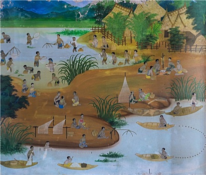 泰国人,壁画,传统,捕鱼,庙宇,墙壁