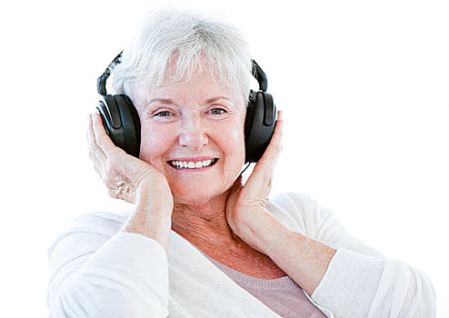 微笑,老年,女人,听,音乐,耳机