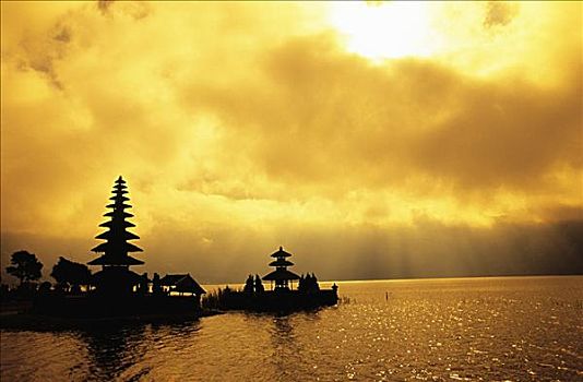 印度尼西亚,巴厘岛,庙宇,远景,剪影,海洋,云,金色,阳光