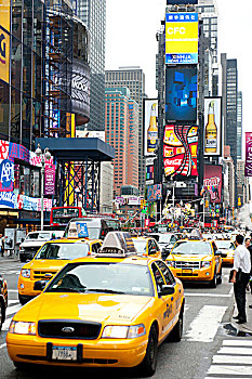 城市,高层建筑,鲜明,霓虹,标识,黄色,出租车,交叉,百老汇,第7大道,时代广场,市中心,曼哈顿,纽约,美国,北美