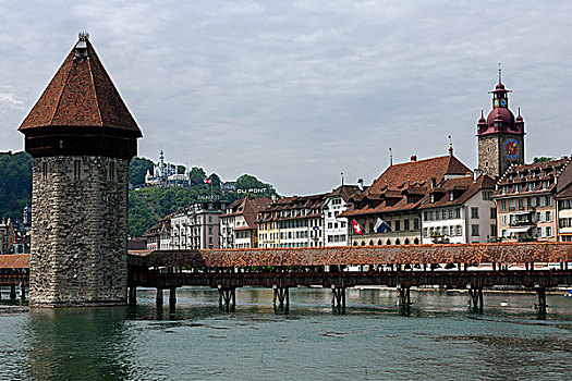 水塔,小教堂,桥,后面,城堡,卢塞恩市,琉森湖,瑞士,欧洲