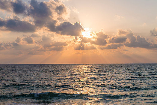 日落,上方,海洋,云,阳光,特拉维夫,以色列,亚洲