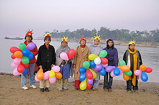 人,欢迎,新,太阳,庆贺,节日,堤岸,河,孟加拉,一月,2006年