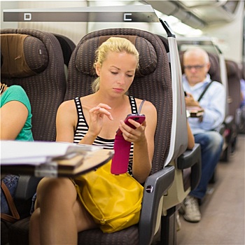 女士,旅行,列车,智能手机