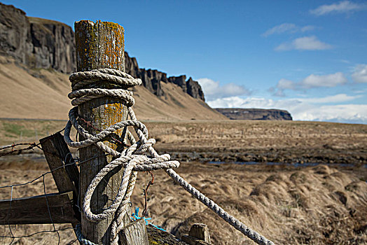 冰岛,南海岸,绳索,打结,草场,栅栏,山,背景