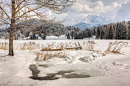 湖,山,冬天,上巴伐利亚,巴伐利亚,德国