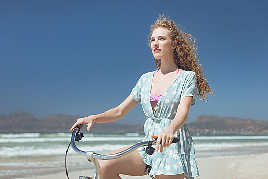 高兴,女人,骑自行车,海滩,晴天