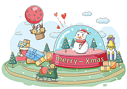 插画,圣诞树,雪人,水晶球
