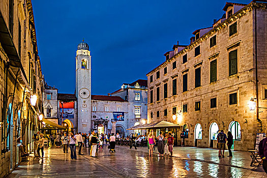 钟楼,黄昏,历史,中心,杜布罗夫尼克,亚得里亚海,达尔马提亚,克罗地亚,欧洲