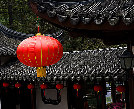 中国,古老,房子,许多,红灯笼